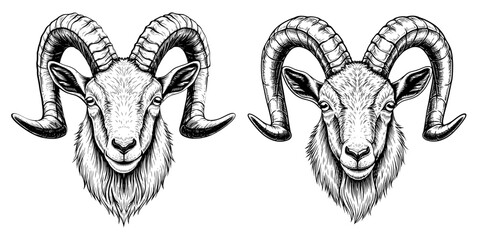 Two majestic ram heads with detailed horns, showcasing intricate line work