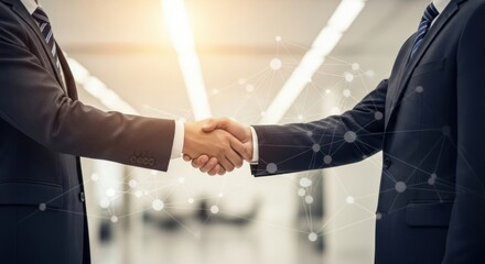 Two businessmen shake hands with a glowing digital network graphic superimposed, representing a successful tech merger or data-sharing agreement in a bright office.