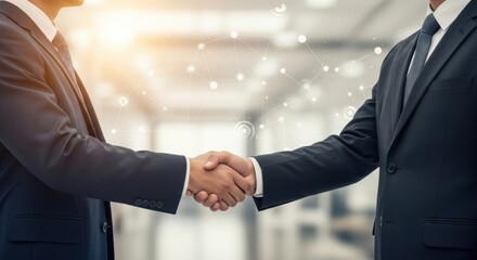 A business handshake with a digital network overlay, symbolizing a technology-driven partnership and global connectivity in a modern corporate environment.