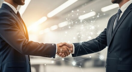A professional handshake between two executives with an overlay of a digital network, representing a strategic partnership and technological integration.
