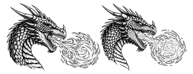 Two dragon heads, breathing fire with intricate scale and horn details