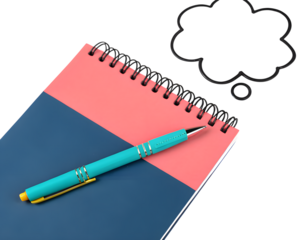 Turquoise pen on a pink and blue notebook with a thought bubble, isolated on transparent background