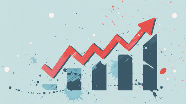 "Artistic Growth Chart: A stylized depiction of an upward-trending red arrow over a bar graph, accented with paint splatters, illustrating progress and success with a creative flair."