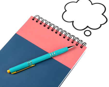 Turquoise pen on a pink and blue notebook with a thought bubble, isolated on transparent background