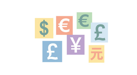 Collection of currency symbols on colorful blocks representing global finance.