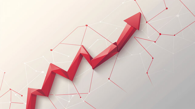 "Artistic Growth Chart: A stylized depiction of an upward-trending red arrow over a bar graph, accented with paint splatters, illustrating progress and success with a creative flair."
