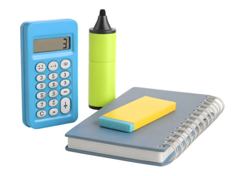 Blue calculator, yellow highlighter, and notebook with eraser isolated on transparent background