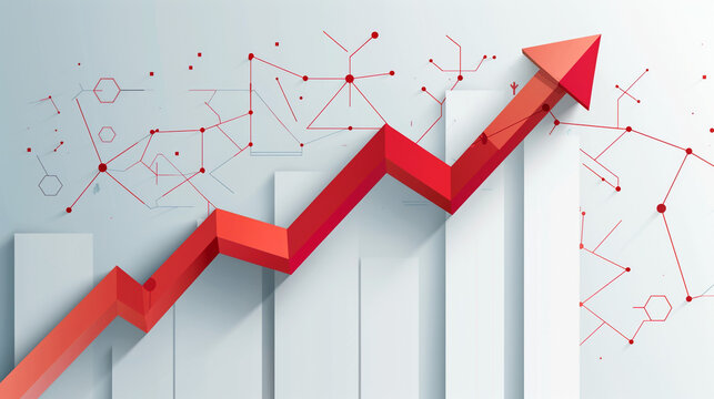 "Artistic Growth Chart: A stylized depiction of an upward-trending red arrow over a bar graph, accented with paint splatters, illustrating progress and success with a creative flair."