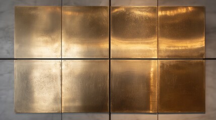 Metallic Wall Art Composed of Large Golden Panels Reflecting Light in a Modern Interior Space