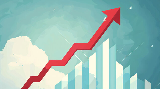 "Artistic Growth Chart: A stylized depiction of an upward-trending red arrow over a bar graph, accented with paint splatters, illustrating progress and success with a creative flair."