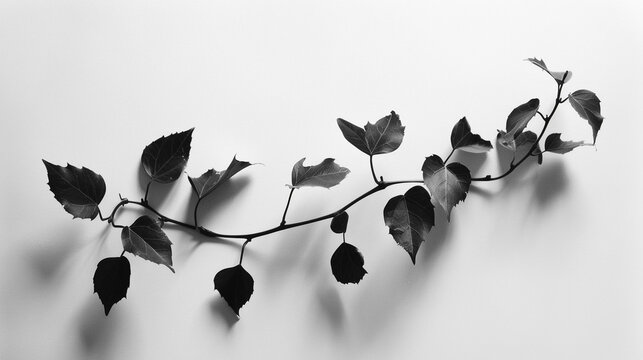 "The Solitary Vine: A minimalist black and white photograph showcasing a delicate vine with several leaves, gracefully arching against a pristine white background, highlighting its organic beauty."