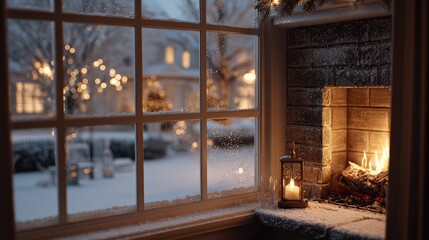 Naklejka premium Cozy Winter Scene with Glowing Fireplace and Snow Covered Landscape through Frosted Window, Perfect for Holiday and Seasonal Imagery