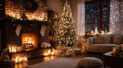 Obraz premium Cozy and Festive Living Room Decorated for Christmas with a Beautifully Lit Tree, Fireplace, and Warm Glow from Candles Creating an Inviting Atmosphere