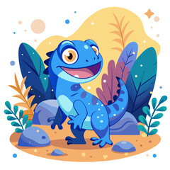 Cartoon Dinosaur Character – Cute Blue Dino in Colorful Fantasy Landscape