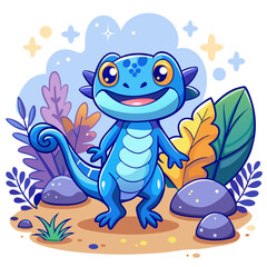 Cartoon Gecko Character – Colorful Blue Lizard in Magical Nature Scene