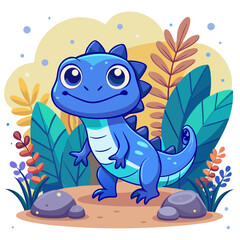 Cartoon Blue Dinosaur – Smiling Dino Character in Colorful Jungle Scene