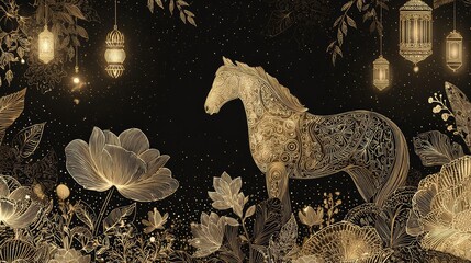 Elegant Golden Horse Surrounded by Intricate Floral Designs and Lanterns on a Dark Background, Perfect for Art and Illustration Projects