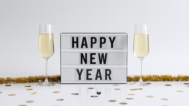 Minimalist Happy New Year lightbox sign on a white background with two champagne flutes, gold confetti, and festive tinsel.