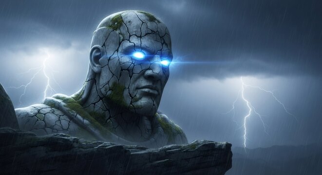 Ancient cracked stone giant with glowing blue eyes under a rainy sky with lightning. Mystical mythical creature or god for fantasy concept.