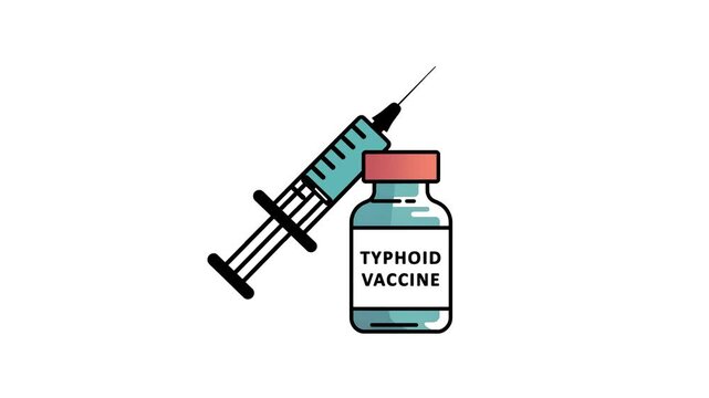 Typhoid vaccine bottle with syringe animation illustrating immunization, disease prevention, and healthcare awareness concepts on white back