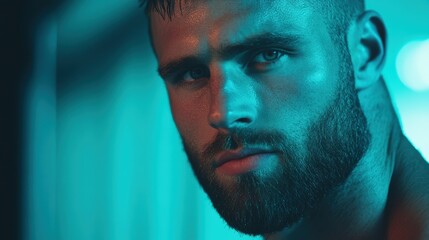 A close-up shot of a bearded man with intense blue lighting, highlighting his facial features and strong expression, Ideal for use in fitness, men's grooming, or fashion advertisements,