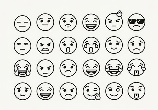 Collection of diverse hand-drawn emoji faces expressing emotions