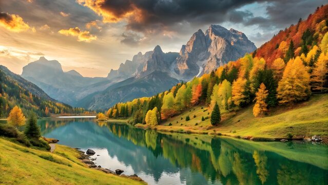 Majestic mountain lake reflects autumn colors under dramatic sky