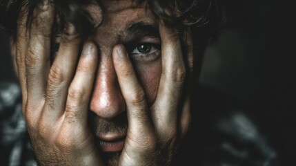 Man covers face with hands, one eye showing, dark mood lighting. Represents stress, despair, mental health, and intense emotion.