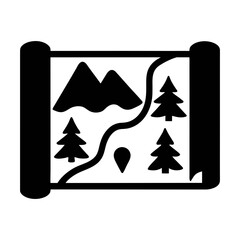 Map icon for adventure travel and outdoor exploration showing mountains trees and a winding path