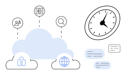 Cloud storage icons with lock and globe, connected to user profiles, search, and media, alongside a clock. Ideal for technology, connectivity, safety, innovation information networking simple flat