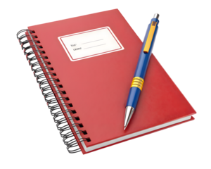 A red spiral notebook with a blue and gold pen resting on top, isolated on transparent background