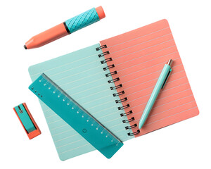 Naklejka premium A set of colorful stationery items including a notebook, pen, ruler, pencil, and sharpener, isolated on transparent background