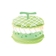 Melon Macaron Vector | Cute Kawaii Dessert Clipart, Green Pastel French Cookie Illustration with Cream and Melon Pattern
