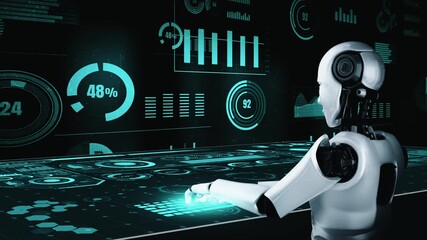 Future financial technology controll by AI robot huminoid uses machine learning and artificial intelligence to analyze business data and give advice on investment and trading decision . 3D rendering . - Powered by Adobe