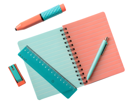 A set of colorful stationery items including a notebook, pen, ruler, pencil, and sharpener, isolated on transparent background