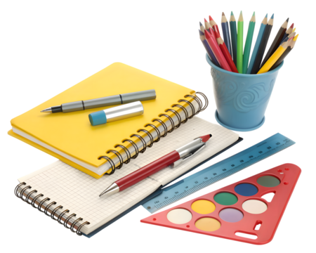 A collection of school and art supplies, including notebooks, pens, pencils, ruler, and watercolor paints, isolated on transparent background