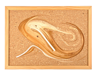 Abstract swirls of brown, beige, and white paint on cork board in wooden frame
