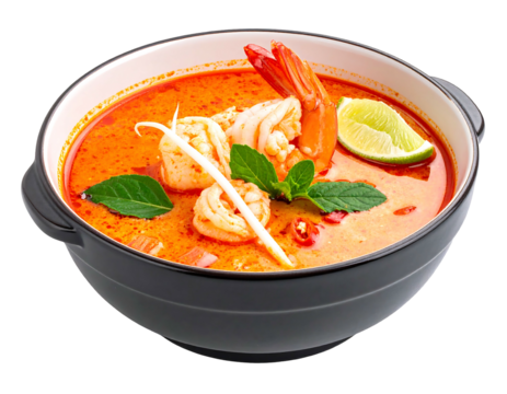 Appetizing shrimp soup in a dark bowl garnished with mint, lime, and slivered sprouts, against a black backdrop