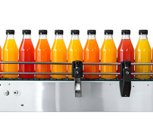 Bottled colorful beverages line on a conveyor belt, varying orange/red liquid shades against black background