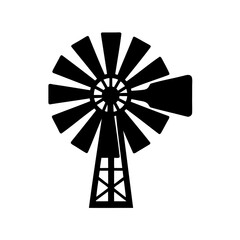 Monochromatic illustration of a vintage windmill with multiple blades and tower