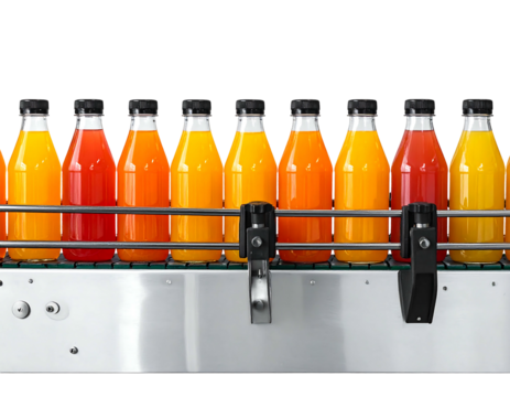 Bottled colorful beverages line on a conveyor belt, varying orange/red liquid shades against black background