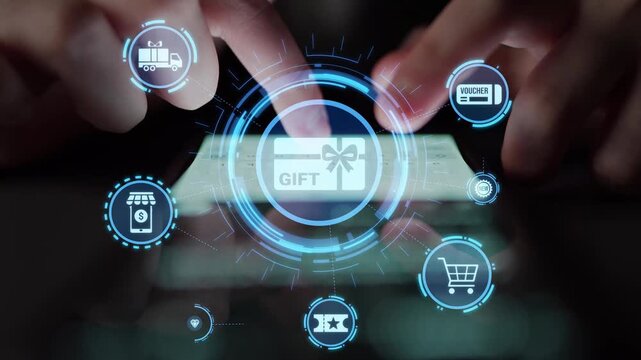 Digital gift card icons show e-commerce, payment, and digital gift card redemption. Digital gift card supports online shopping, secure payment, and customer loyalty programs. Funnel