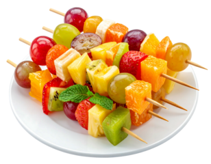 Colorful fruit skewers on a white plate. Fruit pieces are stacked and skewered, featuring assorted colors