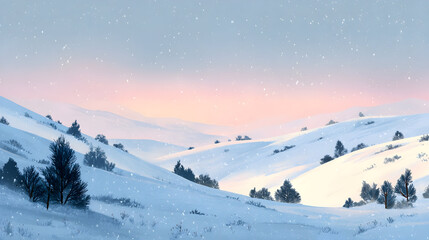 Serene winter landscape with snow-covered rolling hills and pink twilight sky