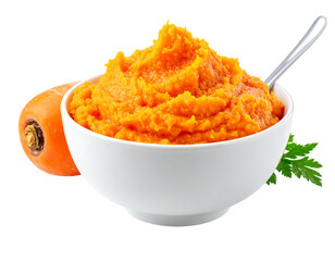 Bowl filled with bright orange mashed carrots with a spoon and fresh carrot, atop a stark black background