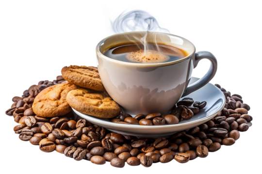 Aromatic coffee cup with steam on a saucer surrounded by roasted coffee beans and cookies isolated on transparent background, offering a delightful and inviting scene for coffee lovers
