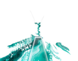 Aqua teal abstraction with a white geometric accent against a solid black backdrop; fluid art