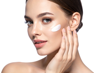 Attractive woman applying cream on her face, looking at the camera, with dark background, and hand near face