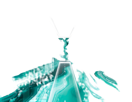 Aqua teal abstraction with a white geometric accent against a solid black backdrop; fluid art