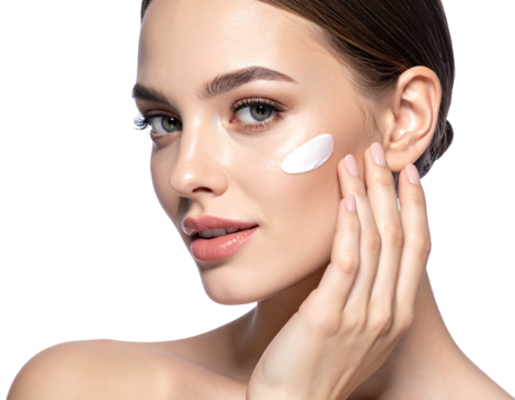 Attractive woman applying cream on her face, looking at the camera, with dark background, and hand near face - Powered by Adobe